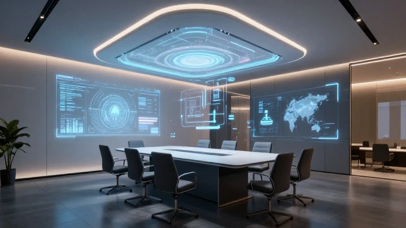 Sala moderna con hologramas e iluminación dramática