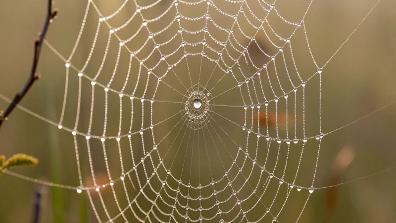 Tela de araña con gotas, luz cálida