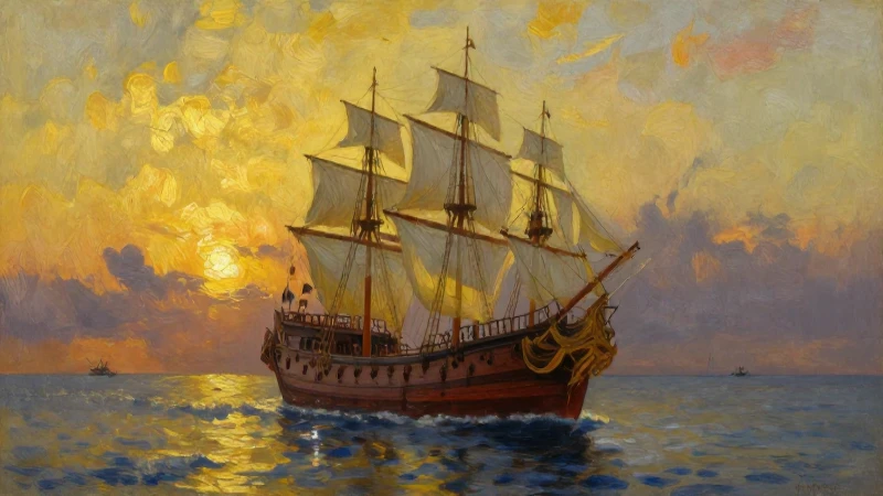 Mapa conceptual: Cuáles fueron los viajes de Pizarro 3 Galleón español al atardecer, estilo óleo