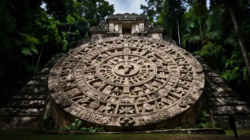 Ruinas mayas en jungla, dramático claroscuro