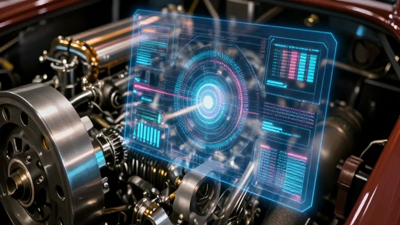 Componentes antiguos con holograma futurista e iluminación cinematográfica