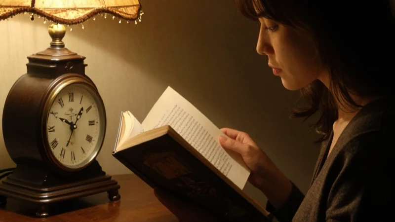 Cómo evoluciona la trama de una novela en la línea de tiempo 6 Mujer lee bajo luz cálida y reloj antiguo