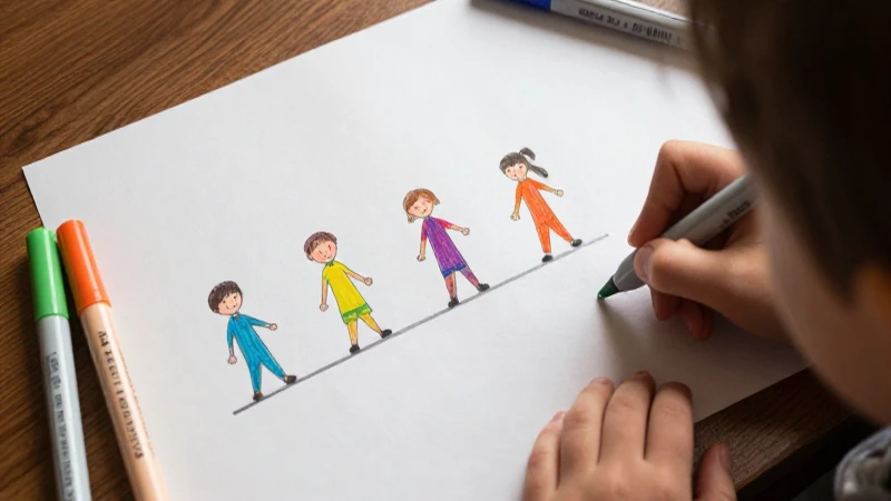 Dibujo infantil, línea temporal, colores alegres