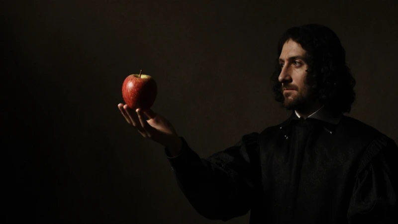 Manzana cayendo, dramatismo barroco e iluminación contrastada