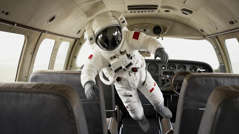 Astronauta cayendo en avión vintage, nostálgico