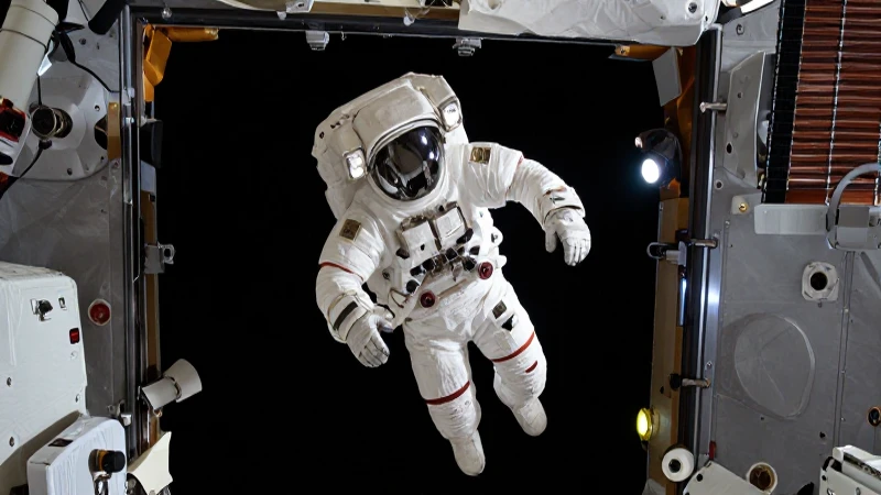 Astronauta flota en módulo espacial iluminado
