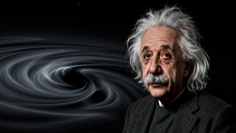Retrato de Einstein, espacio-tiempo distorsionado, luz dramática