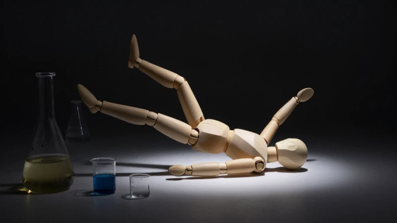 Maniquí cayendo, laboratorio, luz dramática y ángulo amplio