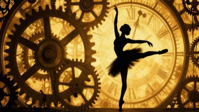 Silueta bailarina, engranajes antiguos, luz dorada dramática