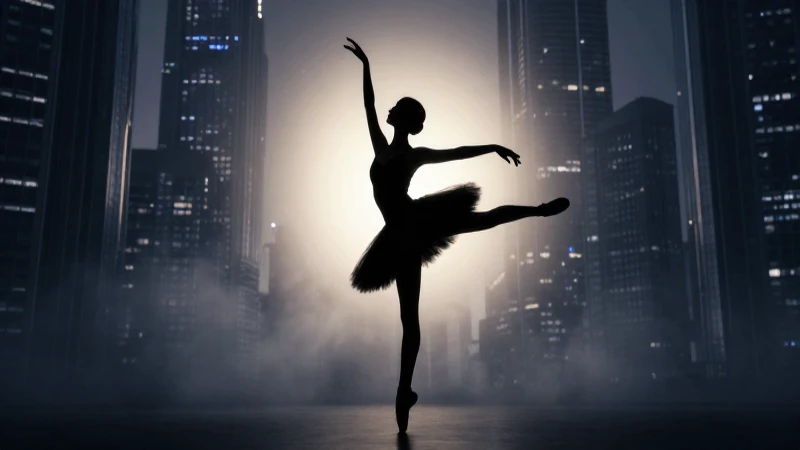 Bailarina, ciudad futurista, luces y niebla dramática