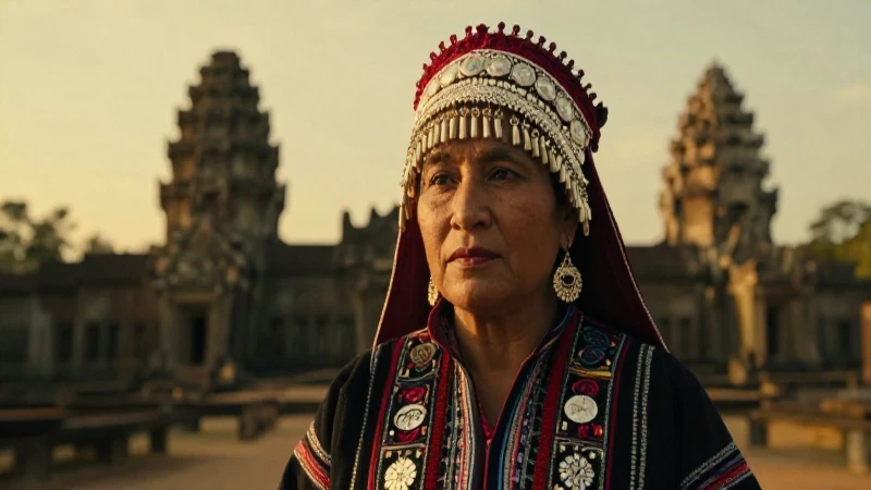 Mujer purépecha, ruinas con luz dorada
