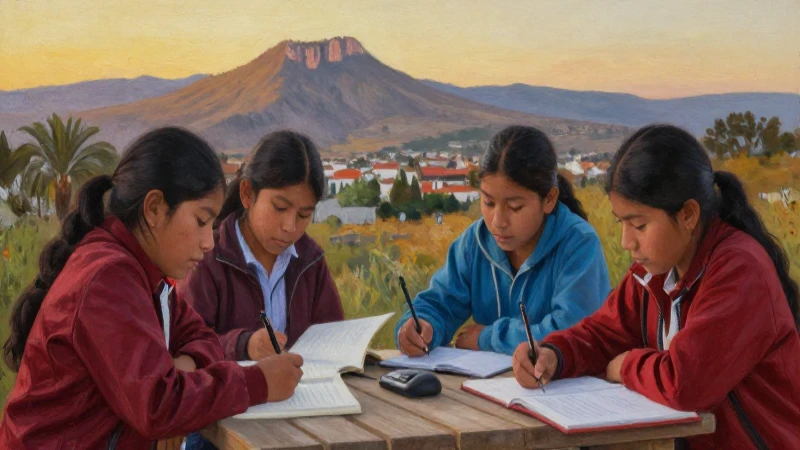 Pintura realista: estudiantes indígenas, luz dorada