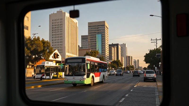 Autobús articulado en Tijuana al atardecer