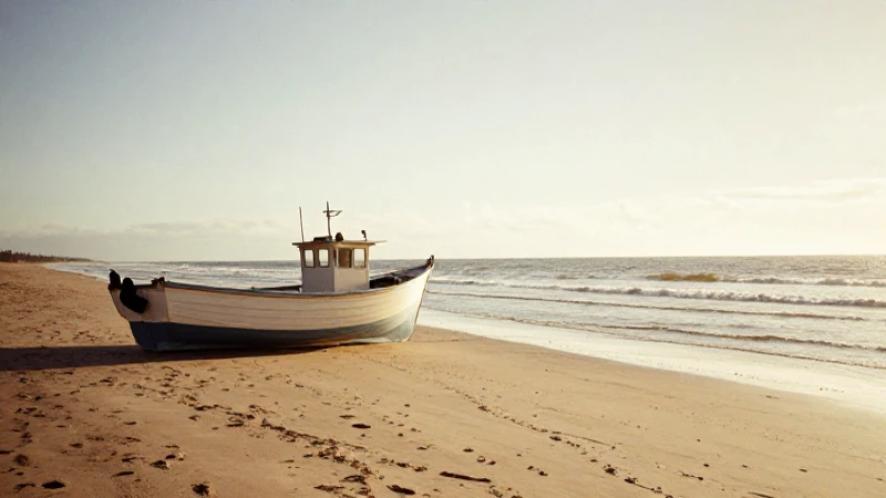 Bote pesquero, playa arenosa, foto antigua