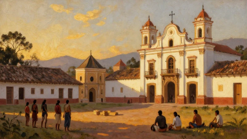 Misión, indígenas, luz dorada, arquitectura colonial