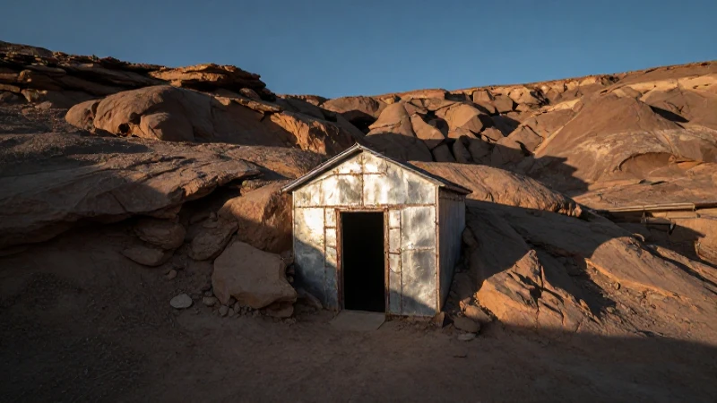 Entrada minera en desierto con luz dramática