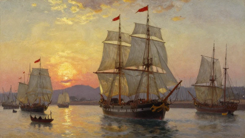 Barco mercante del siglo XVIII al atardecer