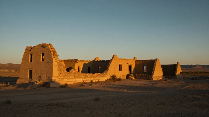Ruinas misioneras doradas bajo luz cinematográfica