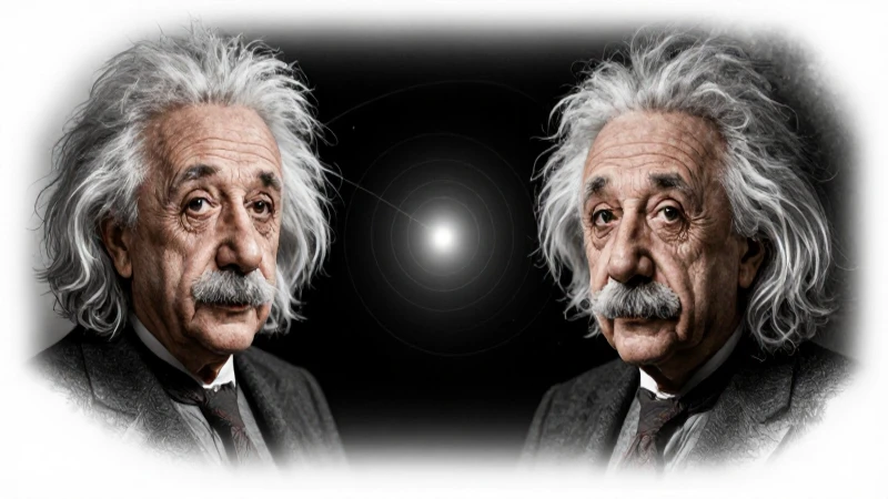 Retrato de Einstein con luz dramática y espacio-tiempo