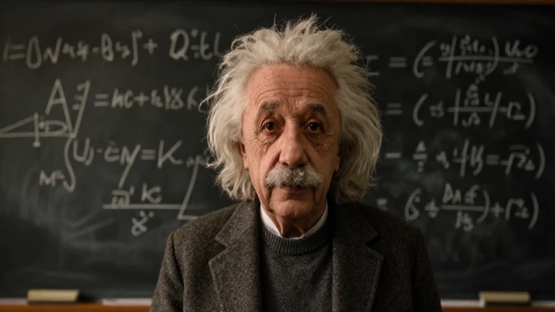 Retrato de Einstein con ecuaciones, iluminación cálida