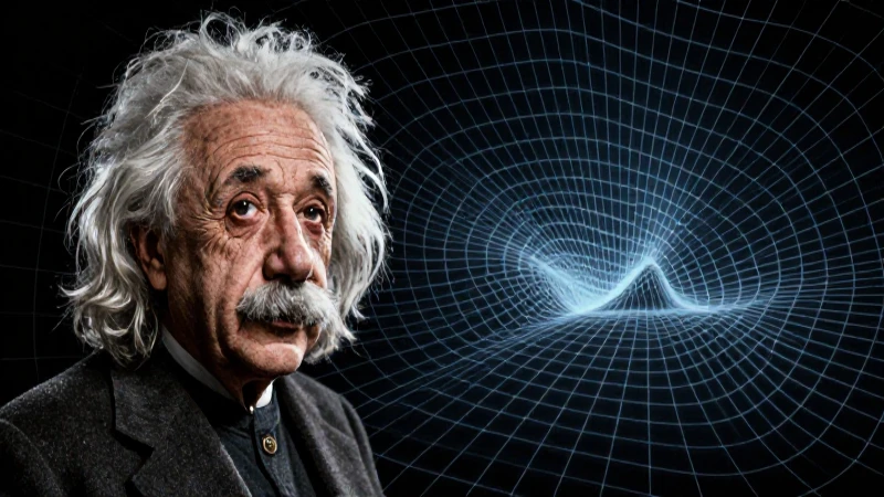 Retrato de Einstein con espacio-tiempo distorsionado