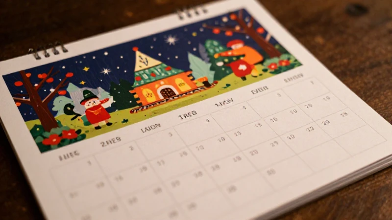 Calendario festivo con ilustraciones coloridas y cálida luz