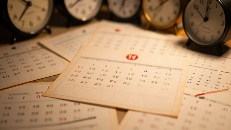 Calendario antiguo, relojes y luz cálida