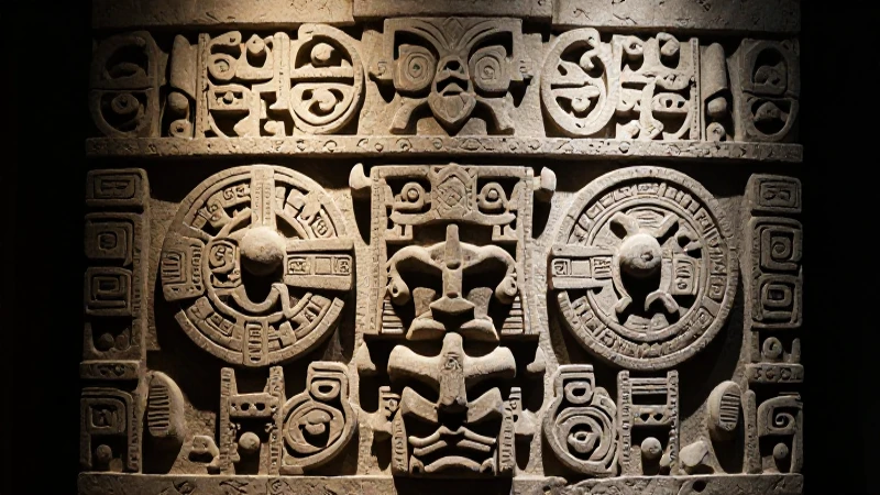 Escultura tolteca detallada bajo foco dramático