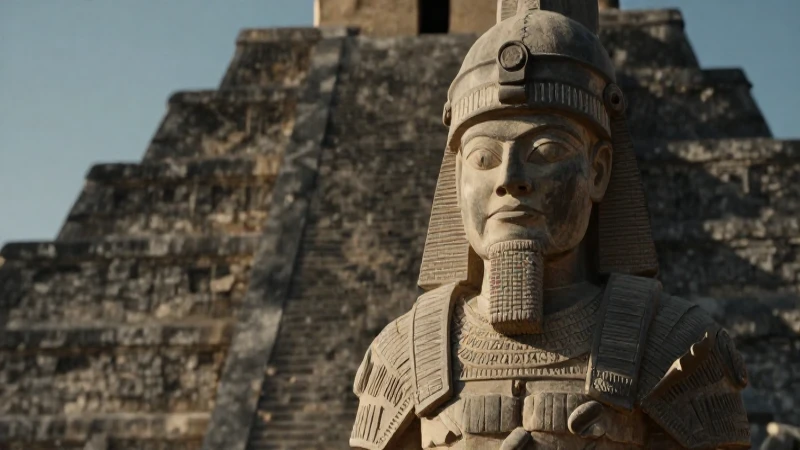 Escultura guerrero tolteca ante pirámide antigua