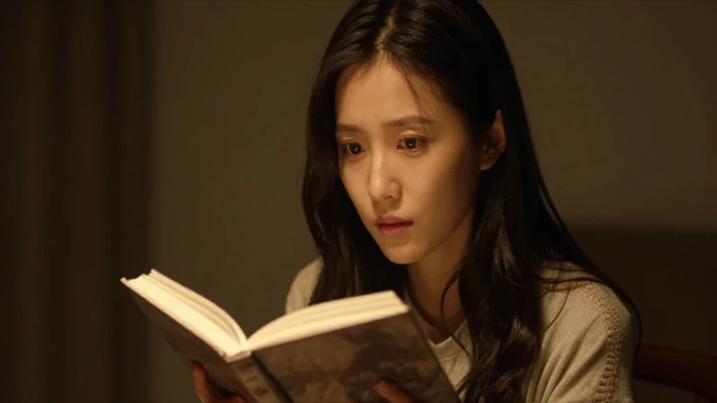 Joven observa un libro a la luz cálida