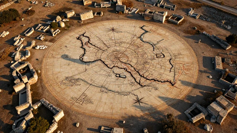 Mapa griego antiguo con ruinas doradas