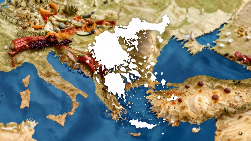 Deliciosa comida griega con mapa y luz cálida