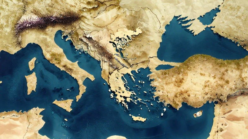 Mapa estilizado de Grecia con colores cálidos