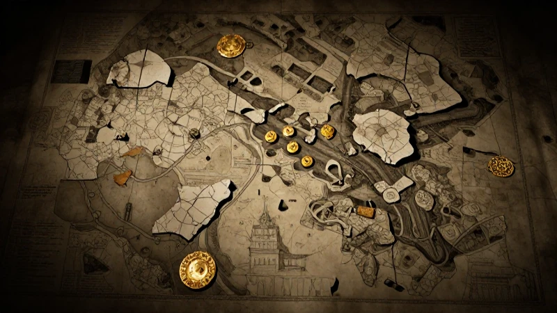 Mapas antiguos, oro e ilustración histórica