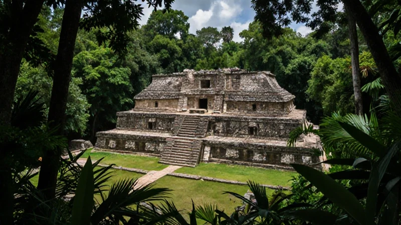 Ruinas mayas exuberantes bajo luz dramática