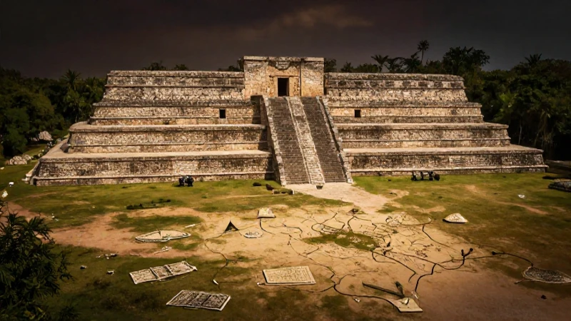 Ruinas mayas iluminadas con mapa antiguo