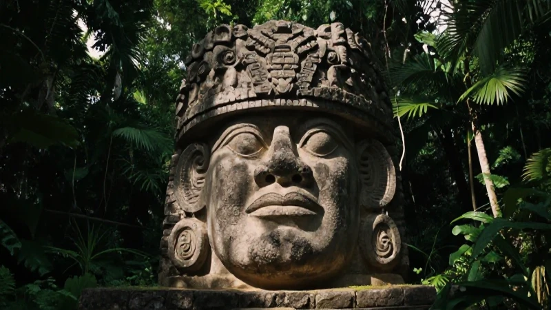 Cabezas olmecas antiguas en selva exuberante