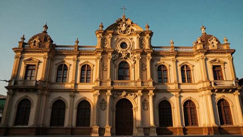 Fachada universitaria antigua, luz dorada cinematográfica