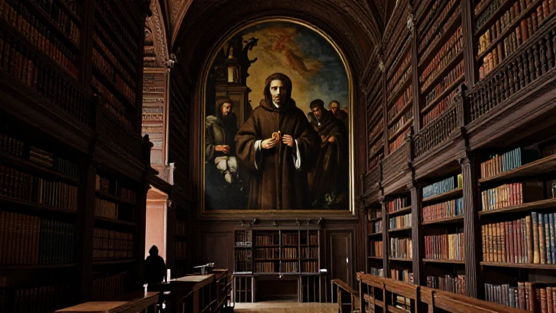 Biblioteca antigua: monje estudioso en claroscuro barroco