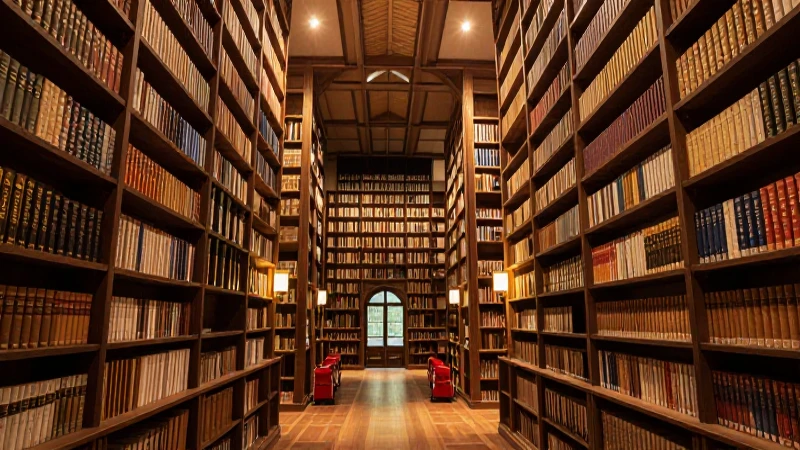 Biblioteca antigua y simétrica; luz cálida
