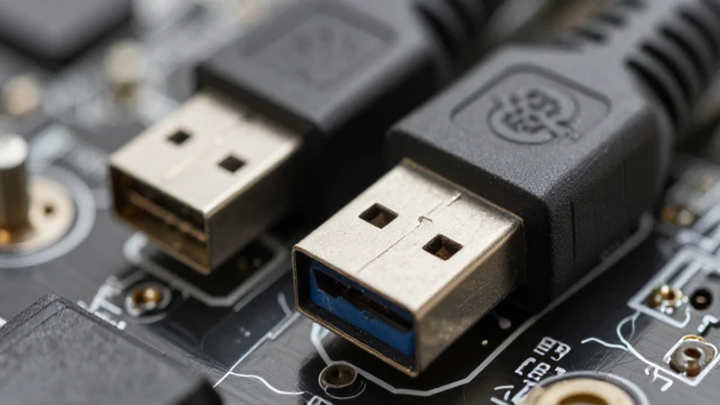 Detalle técnico de conectores USB iluminado