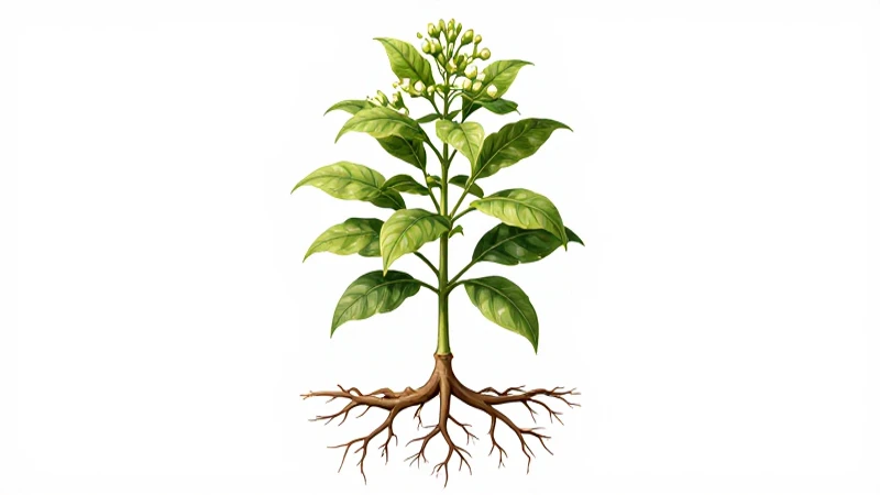 Ilustración detallada de planta florida con raíces