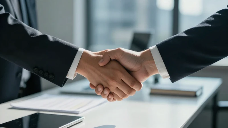 Dos personas estrechan la mano en oficina