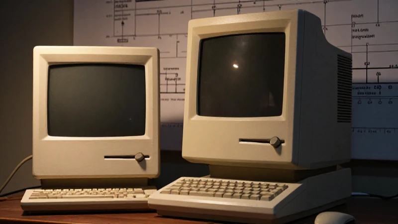 Macintosh antiguos apilados, iluminación cálida, enfoque suave