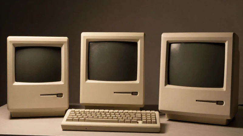 Macintoshes vintage iluminados, enfoque suave y cercano