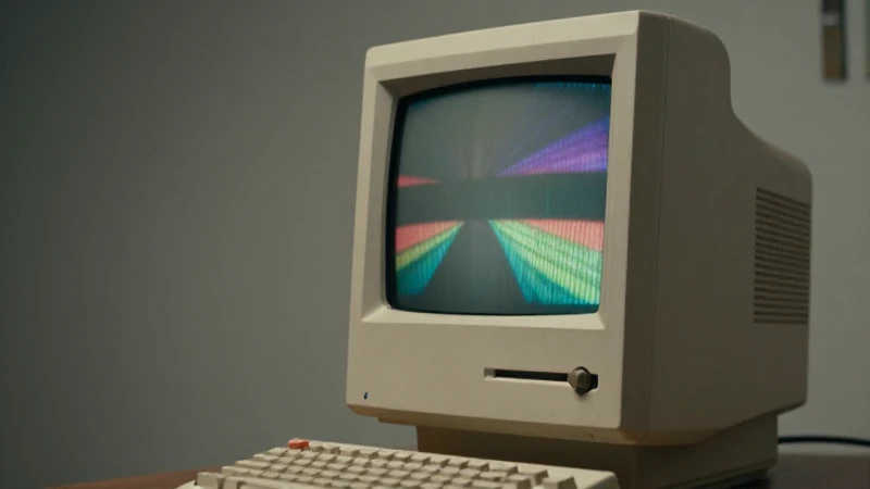 Macintosh antiguo con arte abstracto vibrante