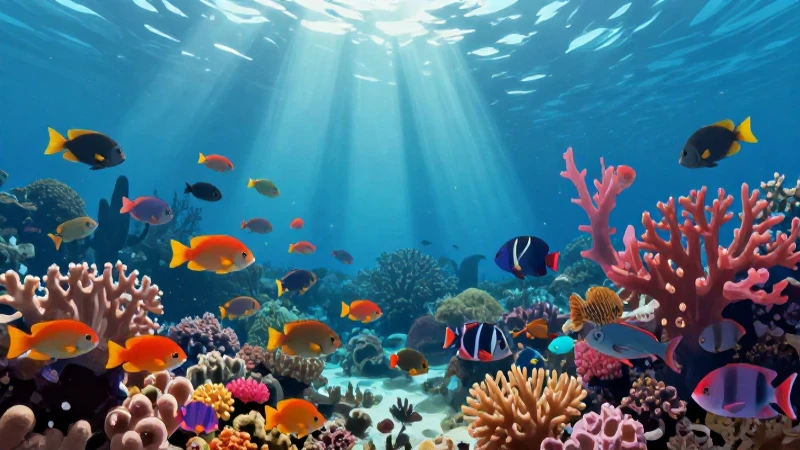 Arrecife vibrante, peces diversos, luz submarina