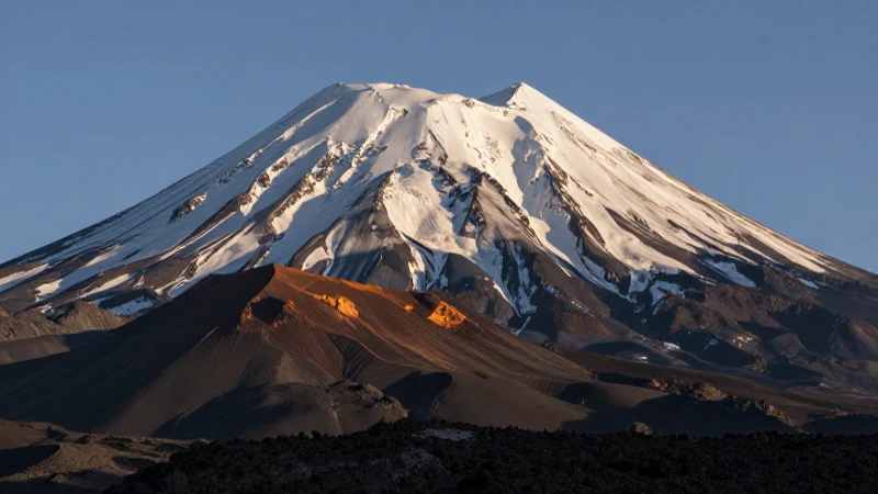 Paisaje volcánico nevado con luz dramática
