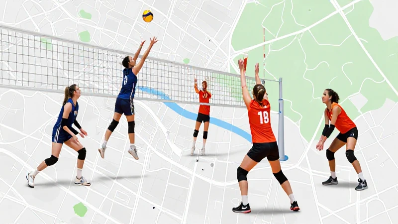 Jugadores de voleibol, mapa y colores vibrantes