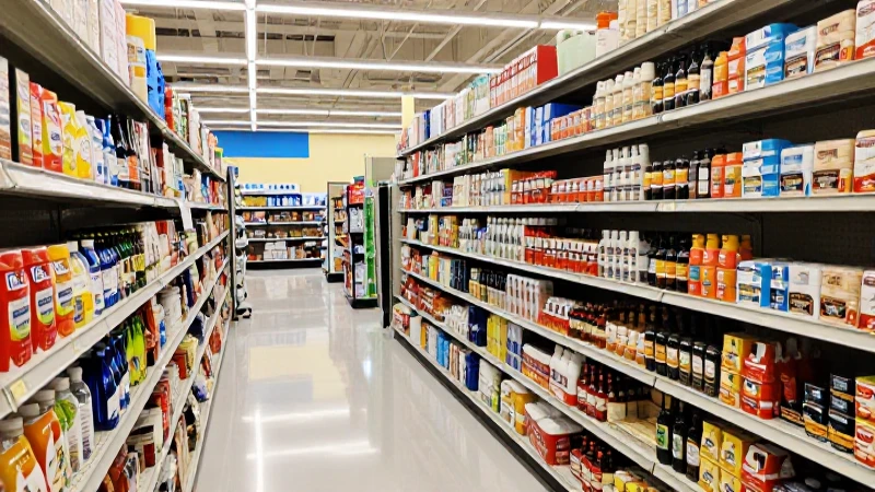 Estanterías llenas en Walmart, luz suave